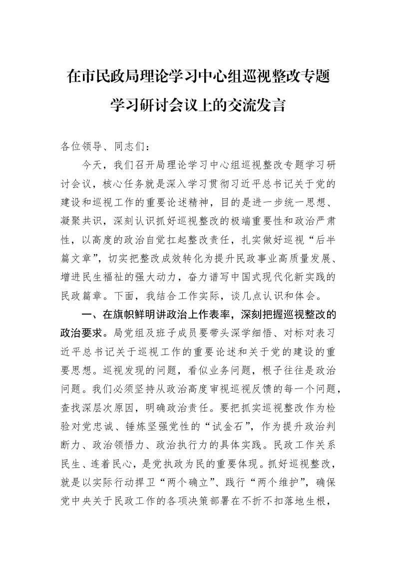 在市民政局理论学习中心组巡视整改专题学习研讨会议上的交流发言_第1页