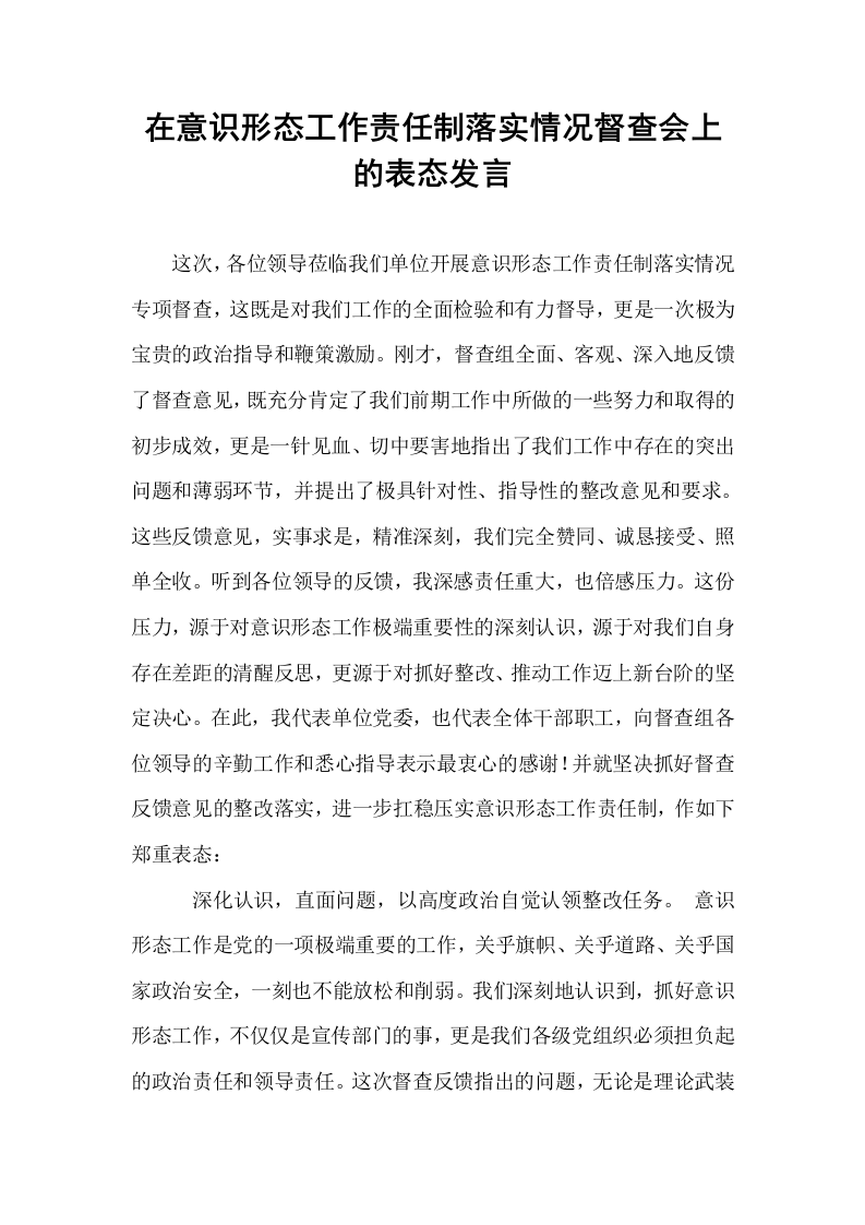 在意识形态工作责任制落实情况督查会上的表态发言_第1页