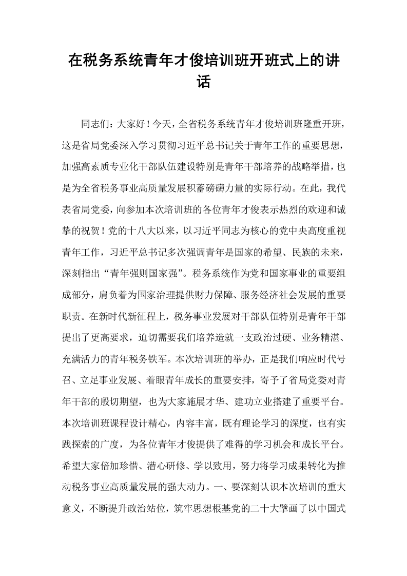 在税务系统青年才俊培训班开班式上的讲话_第1页