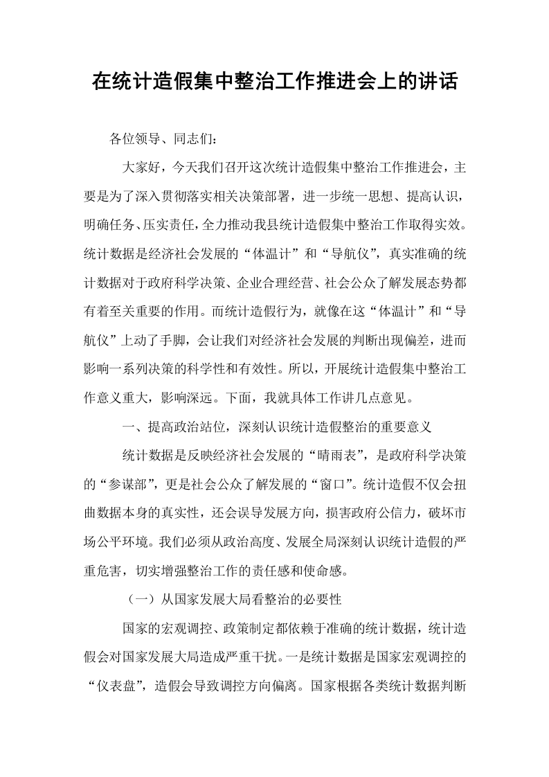 在统计造假集中整治工作推进会上的讲话_第1页