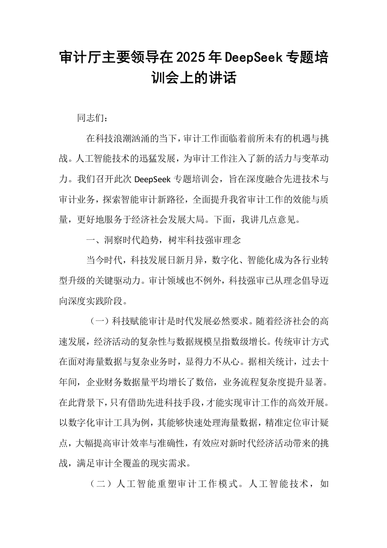 审计厅主要领导在2025年DeepSeek专题培训会上的讲话_第1页