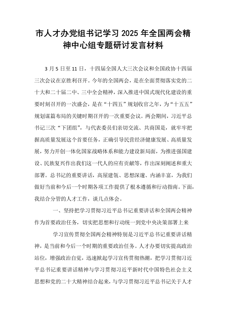 市人才办党组书记学习2025年全国两会精神中心组专题研讨发言材料_第1页