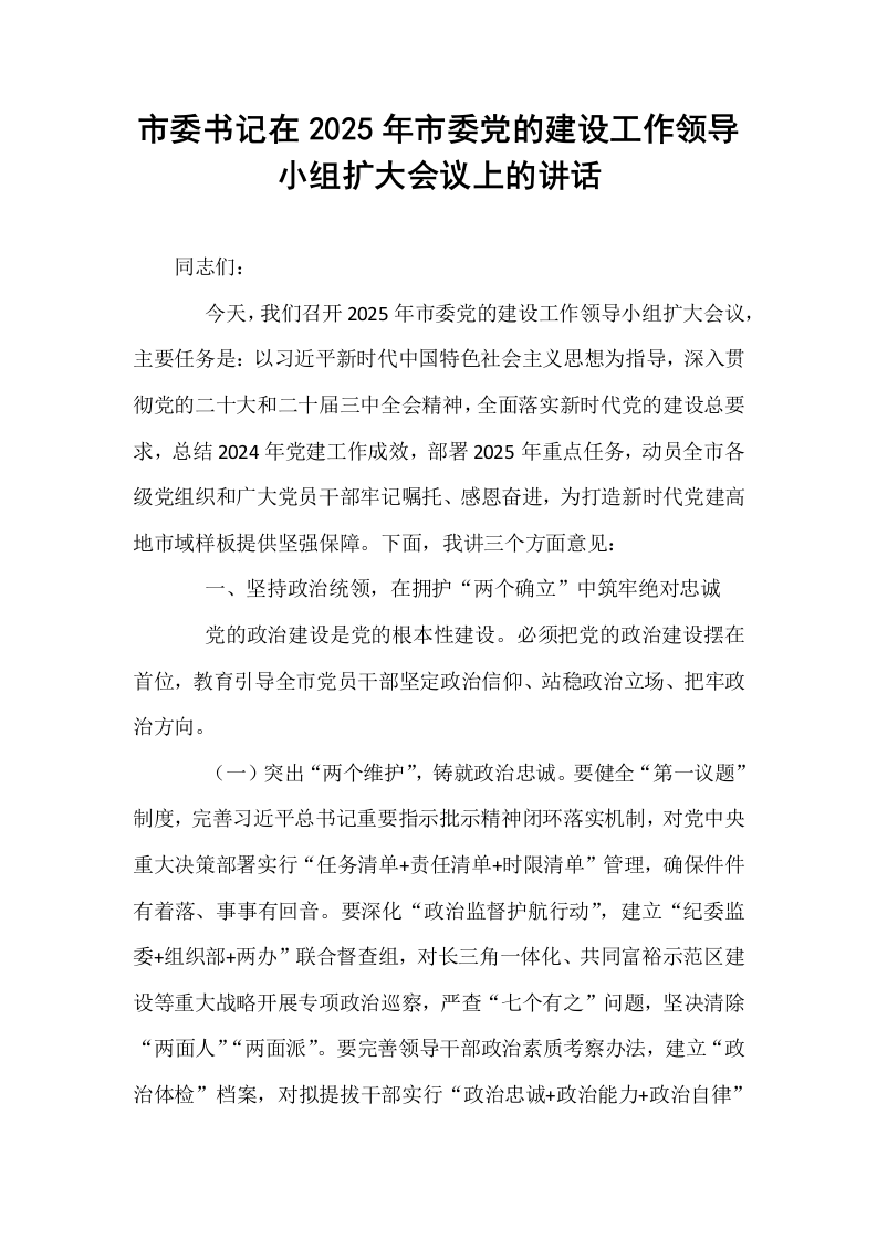 市委书记在2025年市委党的建设工作领导小组扩大会议上的讲话_第1页