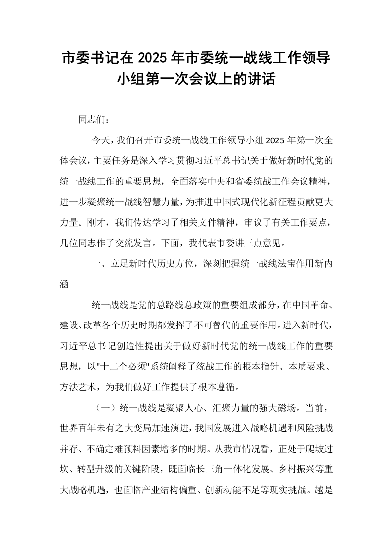 市委书记在2025年市委统一战线工作领导小组第一次会议上的讲话_第1页