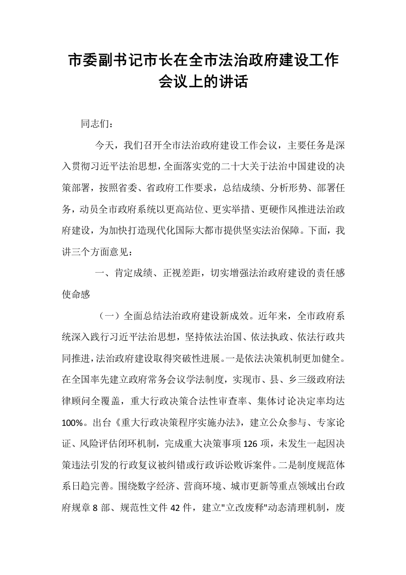 市委副书记市长在全市法治政府建设工作会议上的讲话_第1页