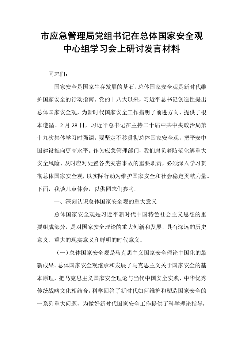 市应急管理局党组书记在总体国家安全观中心组学习会上研讨发言材料_第1页