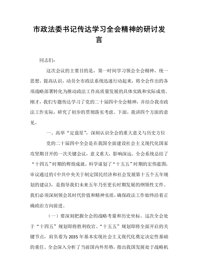 市政法委书记传达学习全会精神的研讨发言_第1页