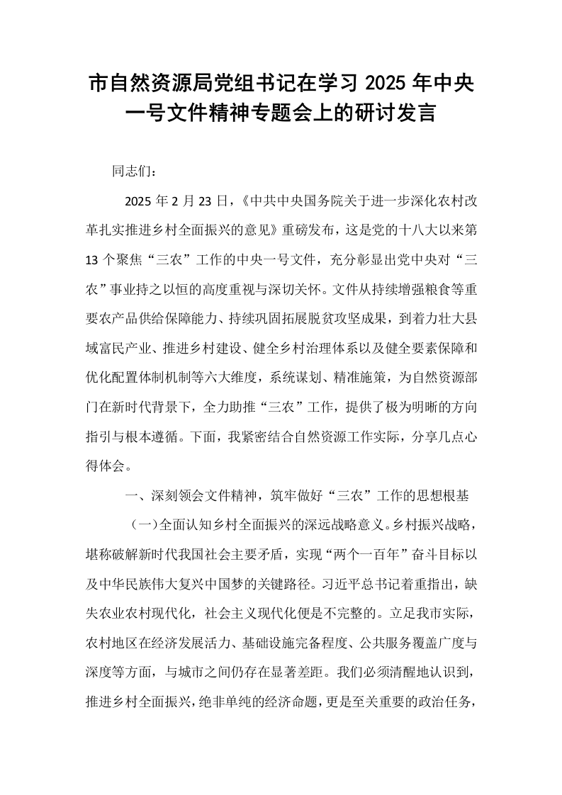 市自然资源局党组书记在学习2025年中央一号文件精神专题会上的研讨发言_第1页