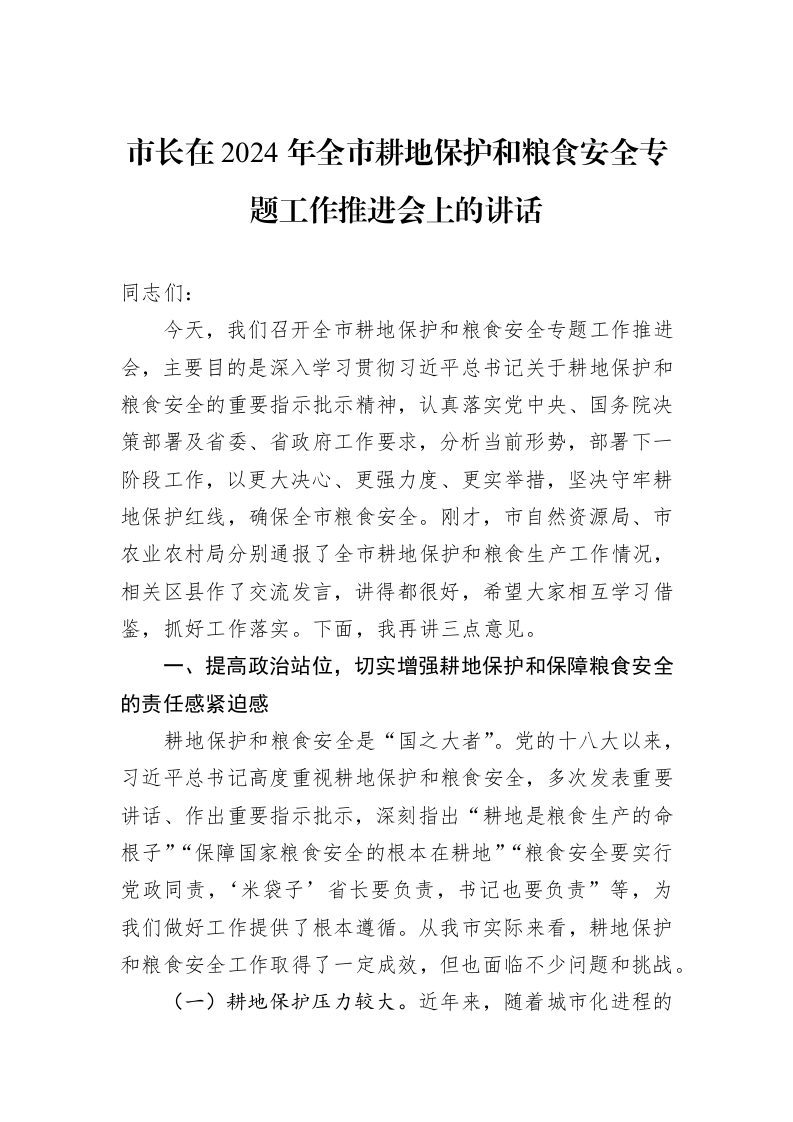 市长在2024年全市耕地保护和粮食安全专题工作推进会上的讲话_第1页