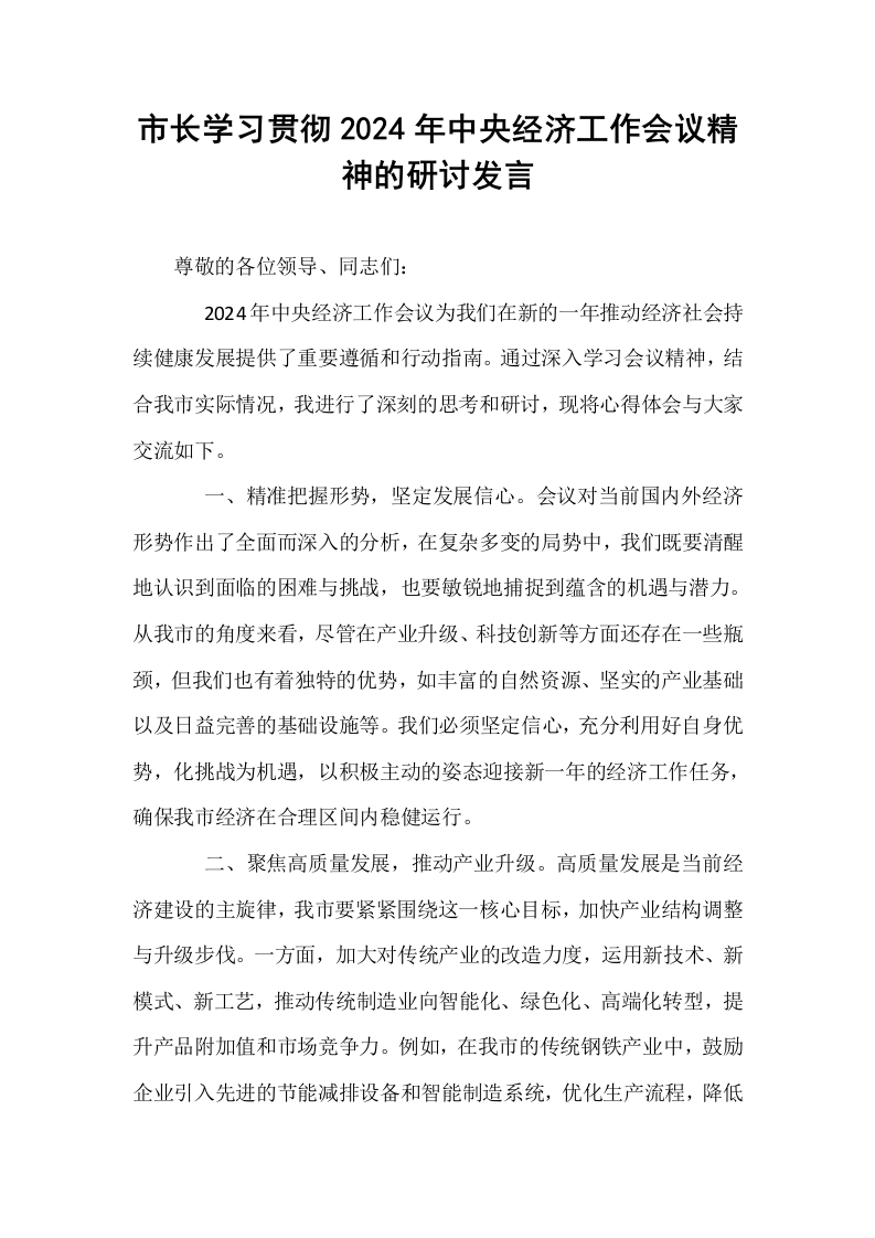 市长学习贯彻2024年中央经济工作会议精神的研讨发言._第1页