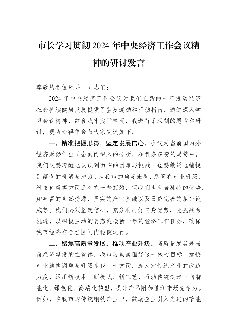 市长学习贯彻2024年中央经济工作会议精神的研讨发言_第1页