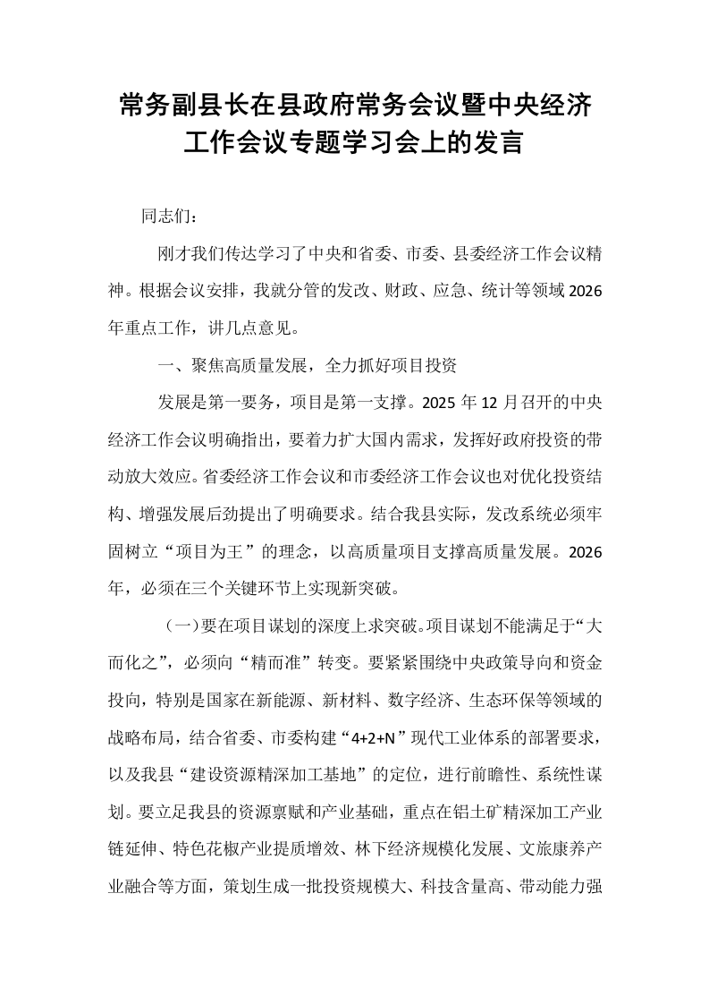 常务副县长在县政府常务会议暨中央经济工作会议专题学习会上的发言_第1页