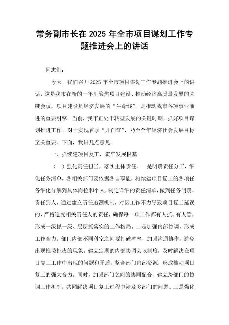 常务副市长在2025年全市项目谋划工作专题推进会上的讲话_第1页