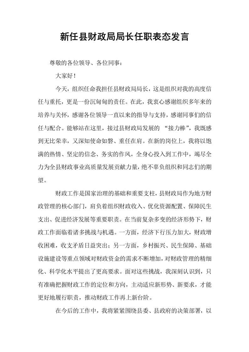 新任县财政局局长任职表态发言_第1页