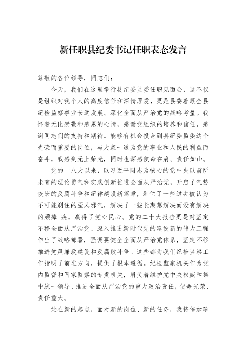新任职县纪委书记任职表态发言_第1页