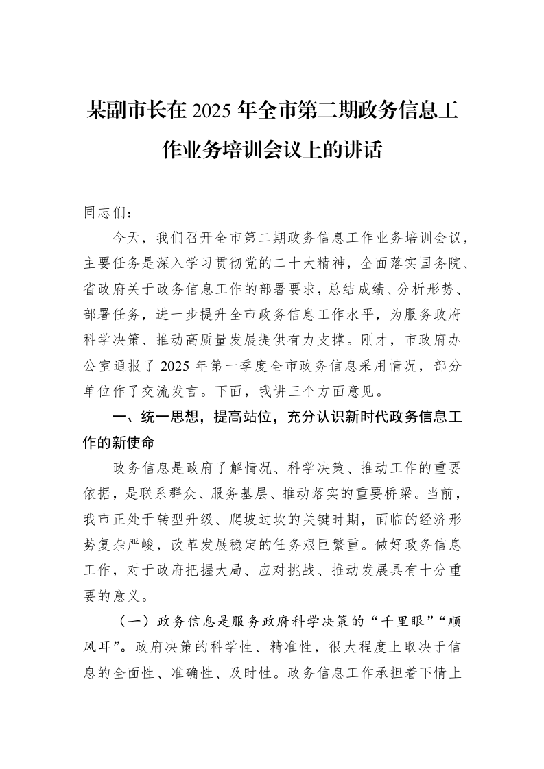 某副市长在2025年全市第二期政务信息工作业务培训会议上的讲话_第1页