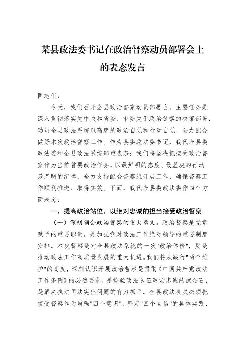 某县政法委书记在政治督察动员部署会上的表态发言_第1页