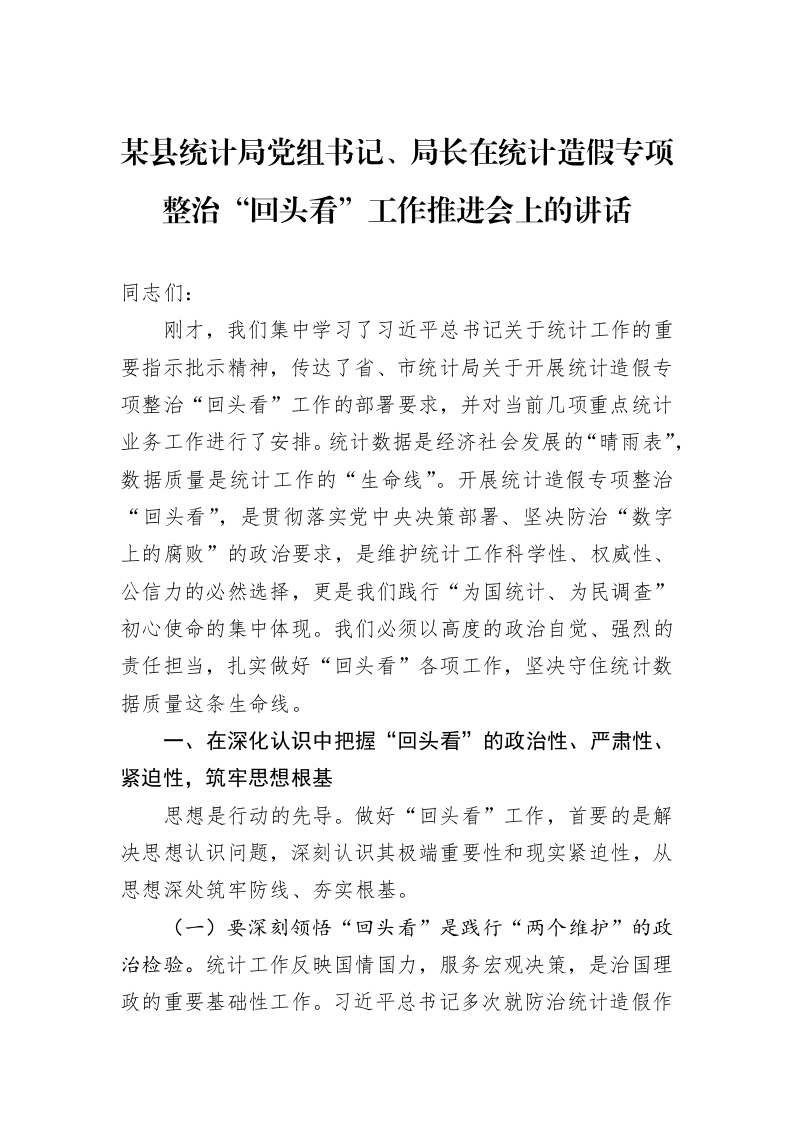 某县统计局党组书记、局长在统计造假专项整治“回头看”工作推进会上的讲话_第1页