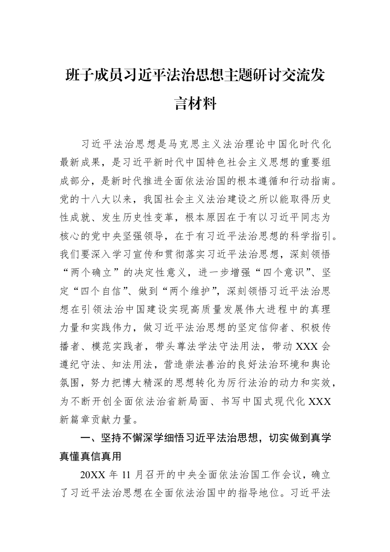 班子成员习近平法治思想主题研讨交流发言材料_第1页