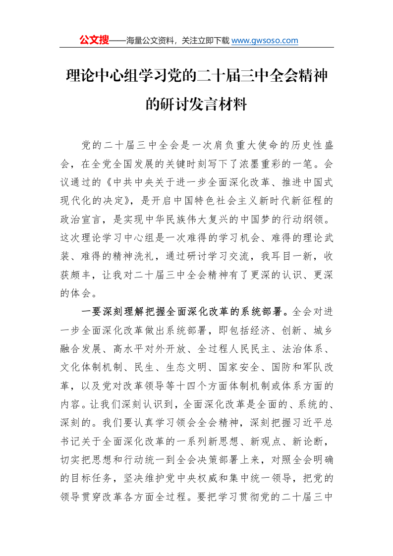 理论中心组学习党的二十届三中全会精神的研讨发言材料._第1页