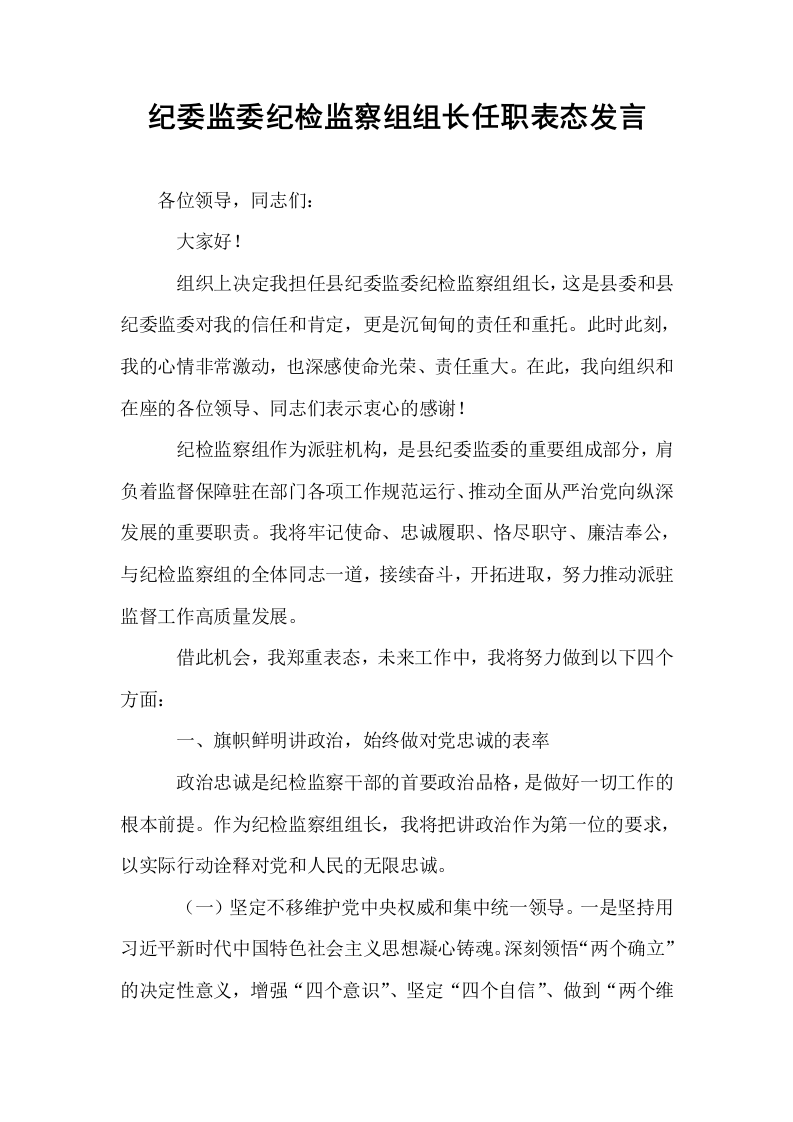 纪委监委纪检监察组组长任职表态发言_第1页