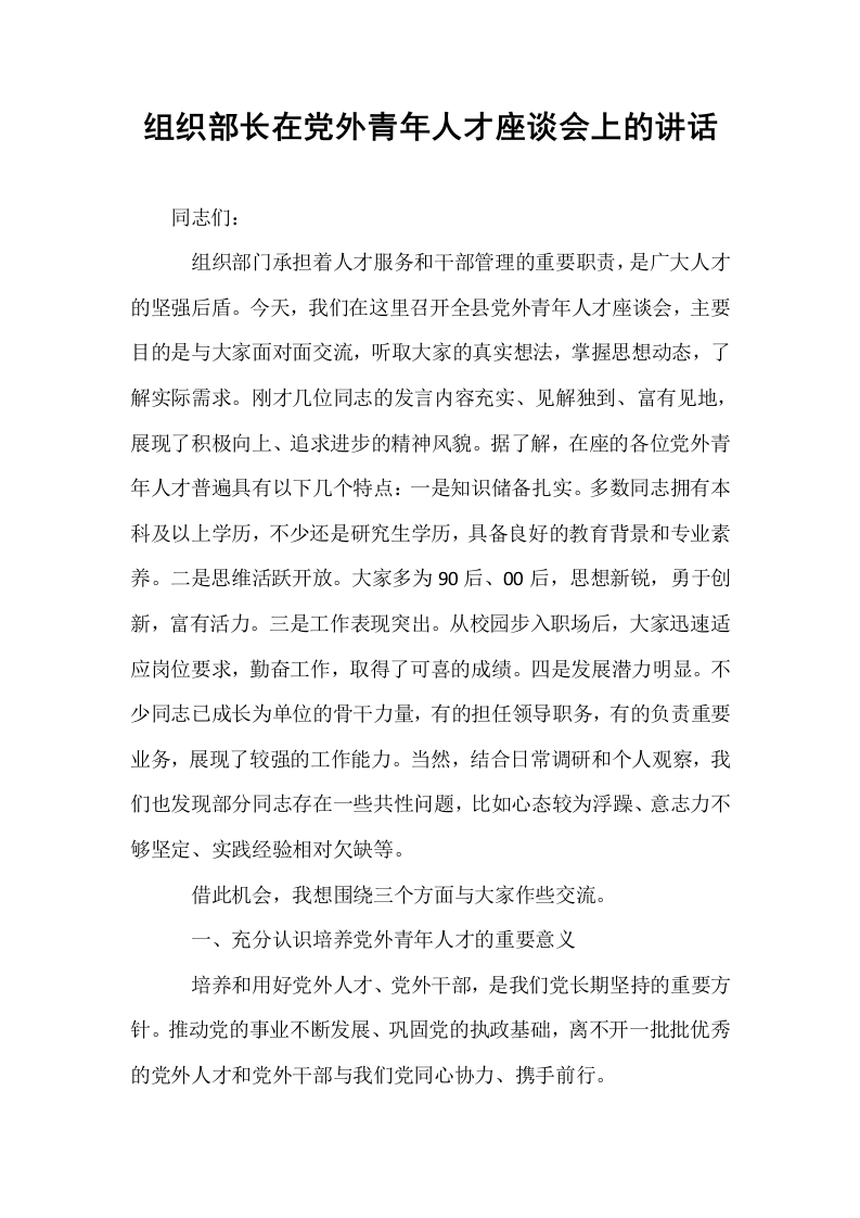 组织部长在党外青年人才座谈会上的讲话_第1页