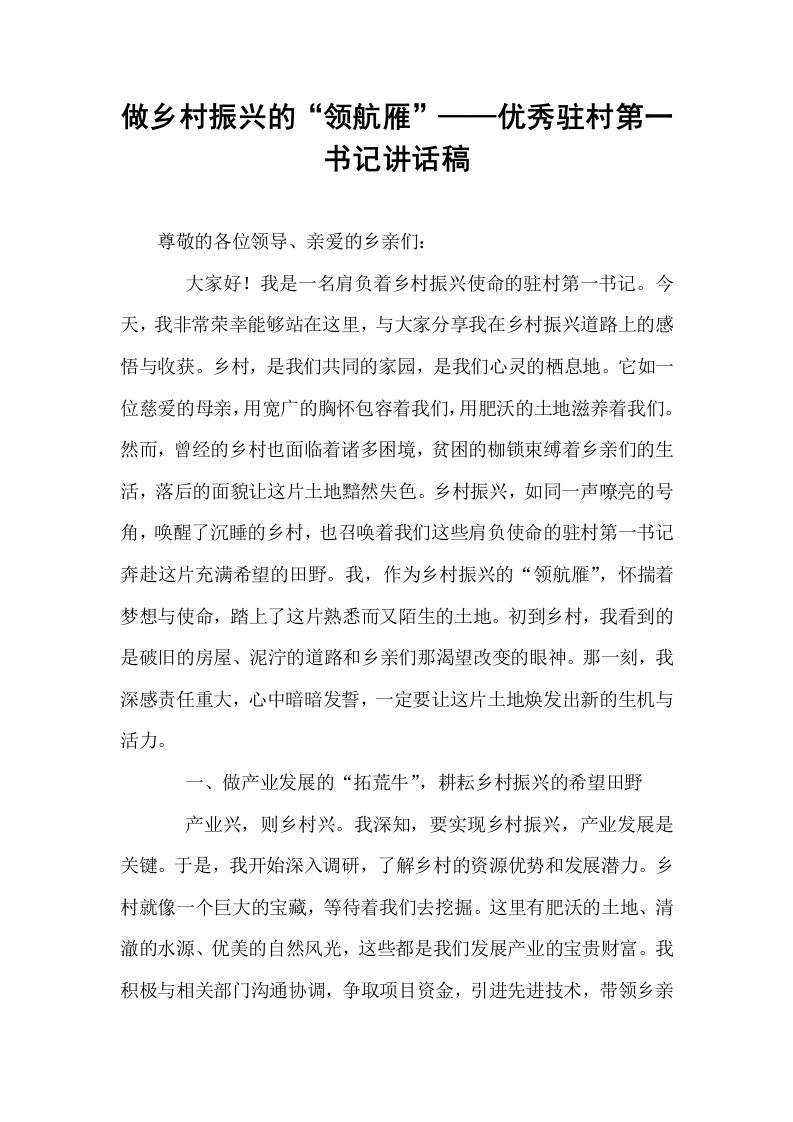 做乡村振兴的“领航雁”——优秀驻村第一书记讲话稿_第1页