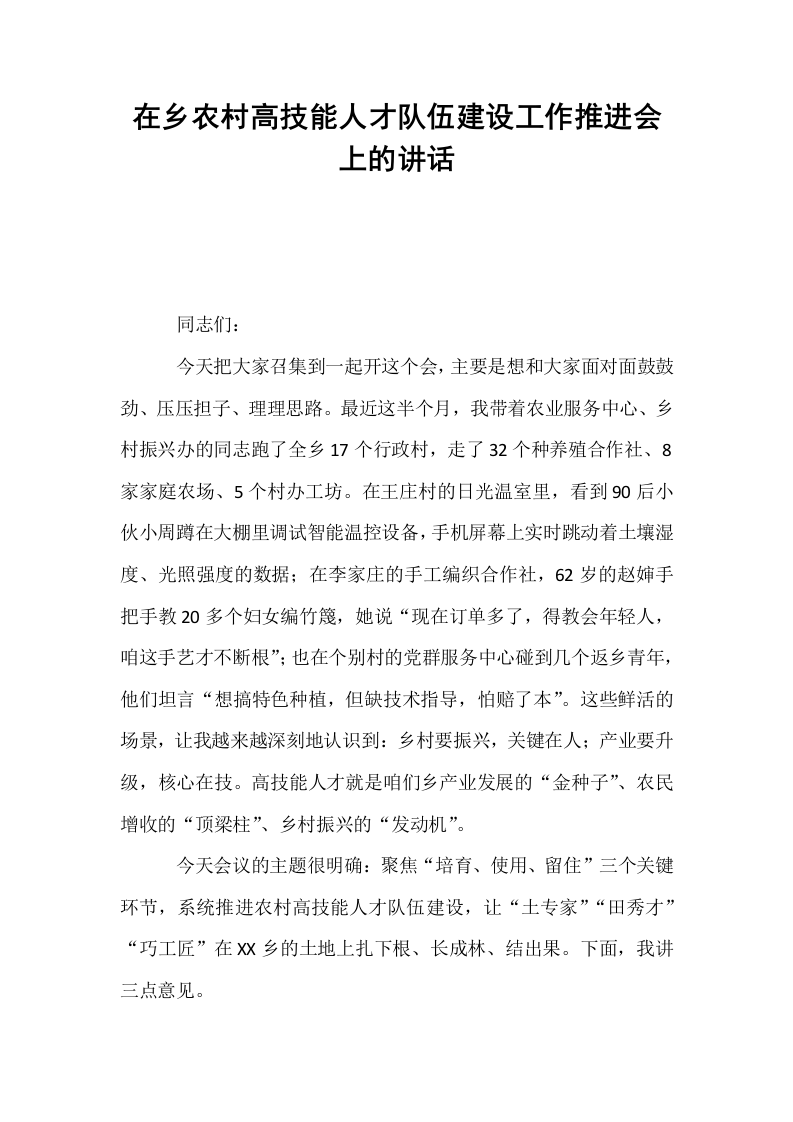 在乡农村高技能人才队伍建设工作推进会上的讲话_第1页