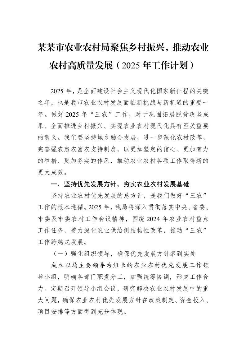 某某市农业农村局聚焦乡村振兴，推动农业农村高质量发展（2025年工作计划）（02-19）_第1页