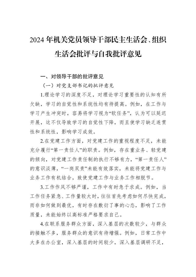 2024年机关党员领导干部民主生活会、组织生活会批评与自我批评意见_第1页