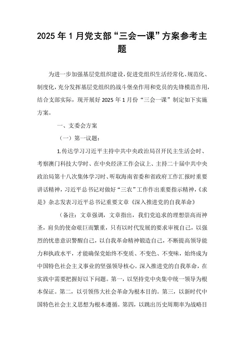 2025年1月党支部“三会一课”方案参考主题（01-06）_第1页