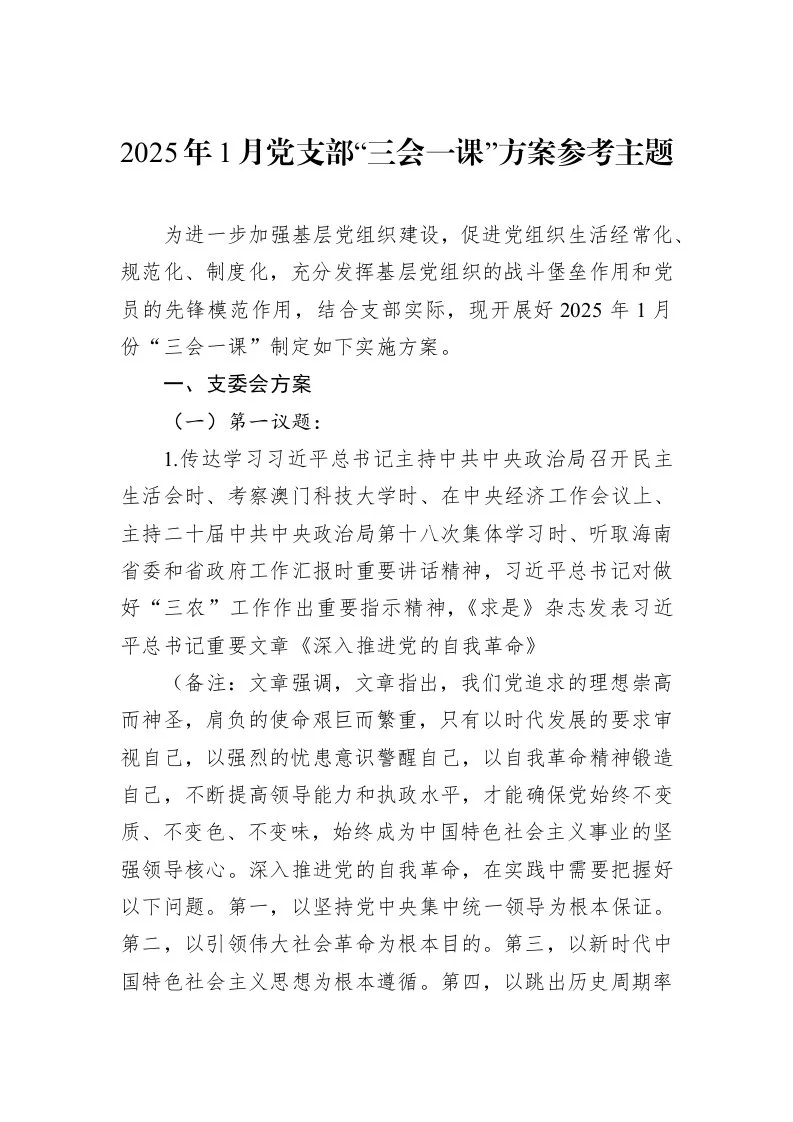 2025年1月党支部“三会一课”方案参考主题（01-09）_第1页