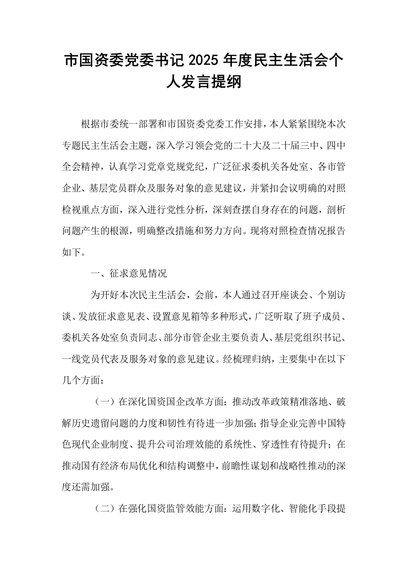 市国资委党委书记2025年度民主生活会个人发言提纲_第1页