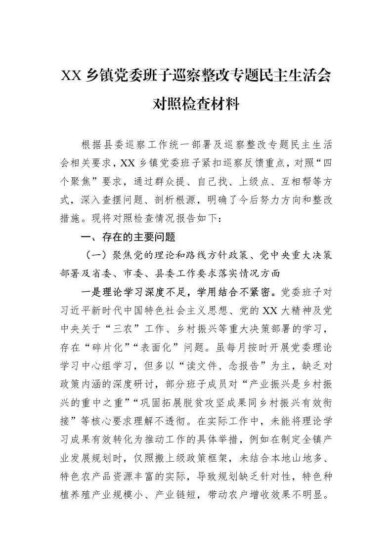 XX乡镇党委班子巡察整改专题民主生活会对照检查材料_第1页