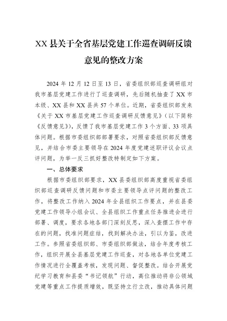 XX县关于全省基层党建工作巡查调研反馈意见的整改方案_第1页