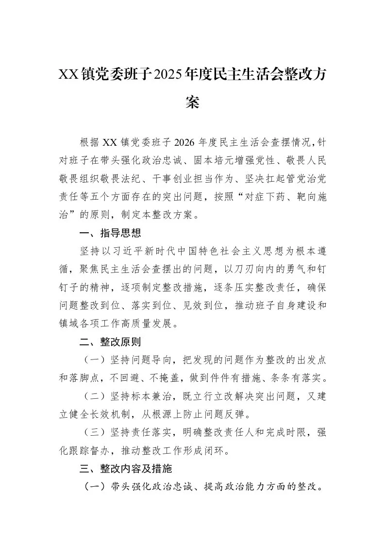 XX镇党委班子2025年度民主生活会整改方案_第1页