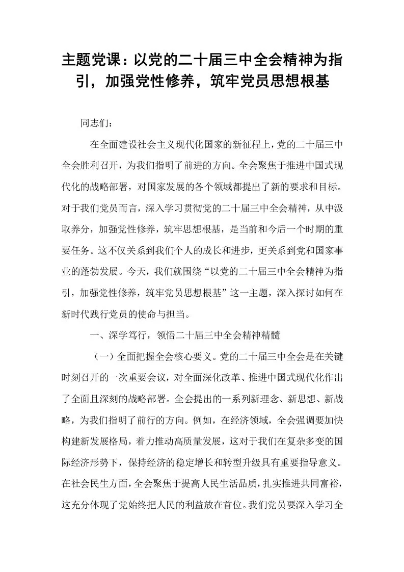 主题党课：以党的二十届三中全会精神为指引，加强党性修养，筑牢党员思想根基_第1页
