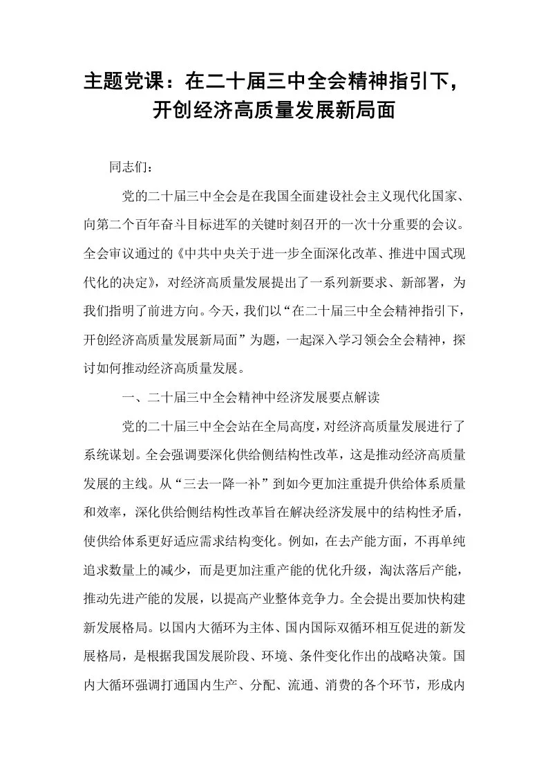 主题党课：在二十届三中全会精神指引下，开创经济高质量发展新局面_第1页