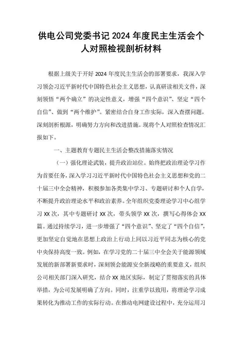 供电公司党委书记2024年度民主生活会个人对照检视剖析材料_第1页
