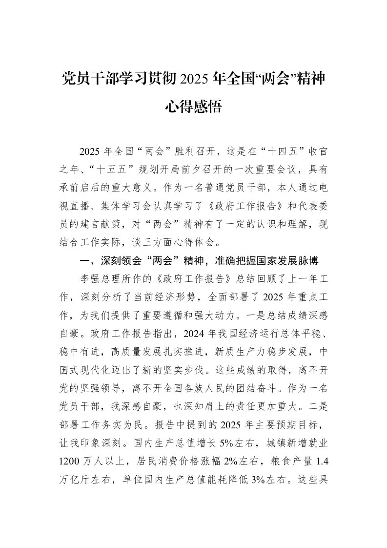 党员干部学习贯彻2025年全国“两会”精神心得感悟_第1页