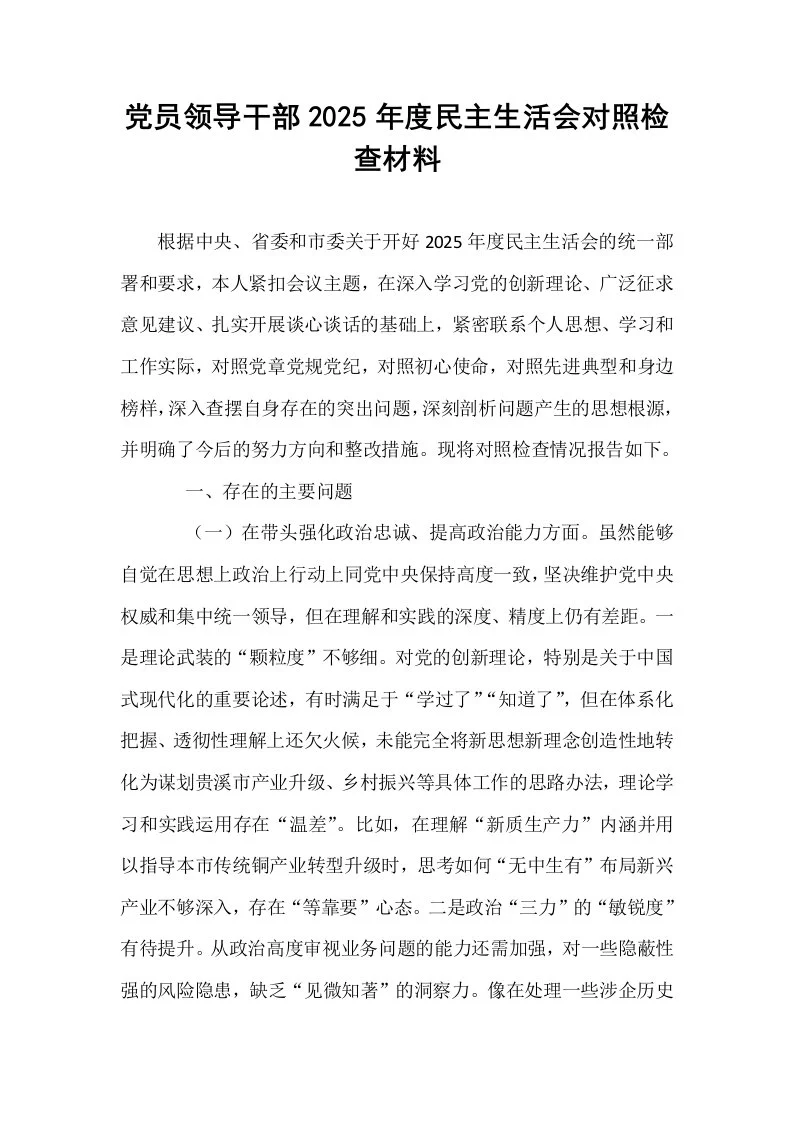 党员领导干部2025年度民主生活会对照检查材料_第1页
