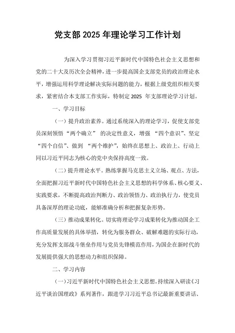 党支部2025年理论学习工作计划_第1页