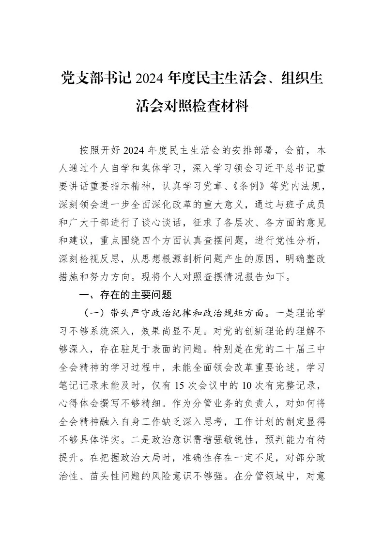 党支部书记2024年度民主生活会、组织生活会对照检查材料 (1)_第1页