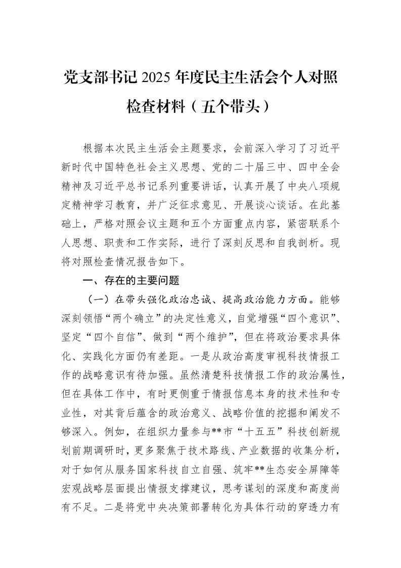 党支部书记2025年度民主生活会个人对照检查材料（五个带头）_第1页