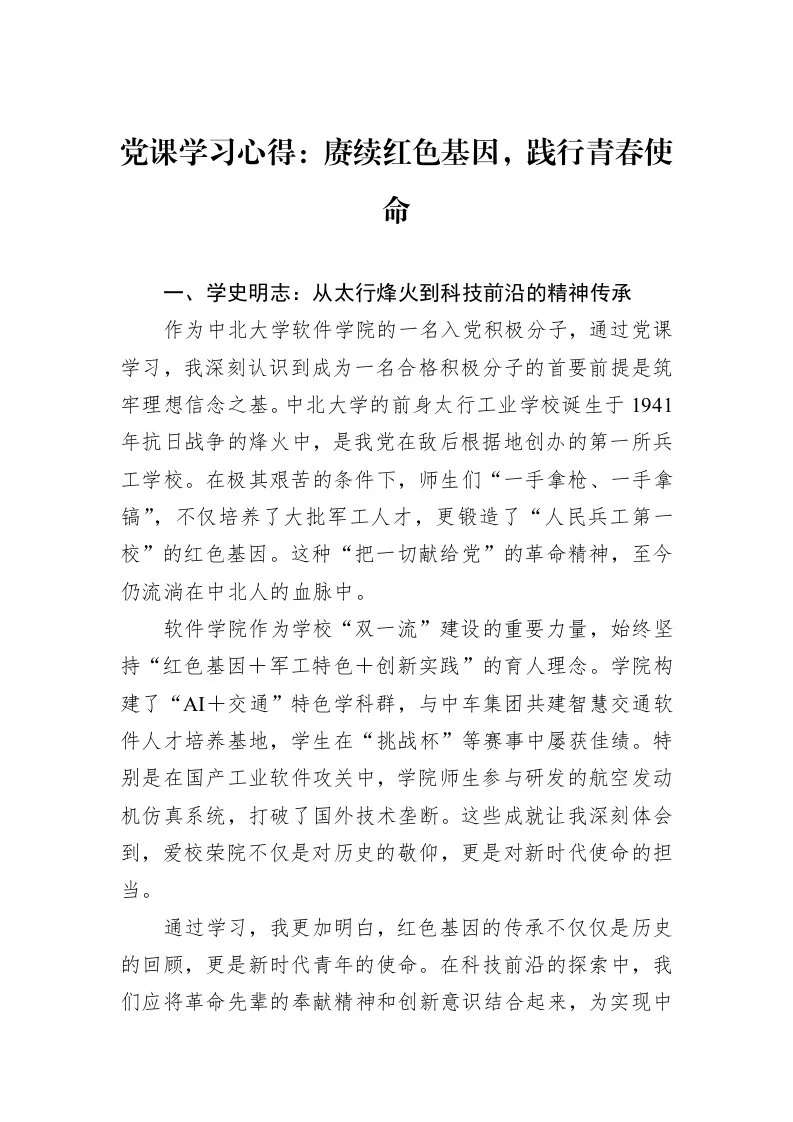 党课学习心得：赓续红色基因，践行青春使命_第1页