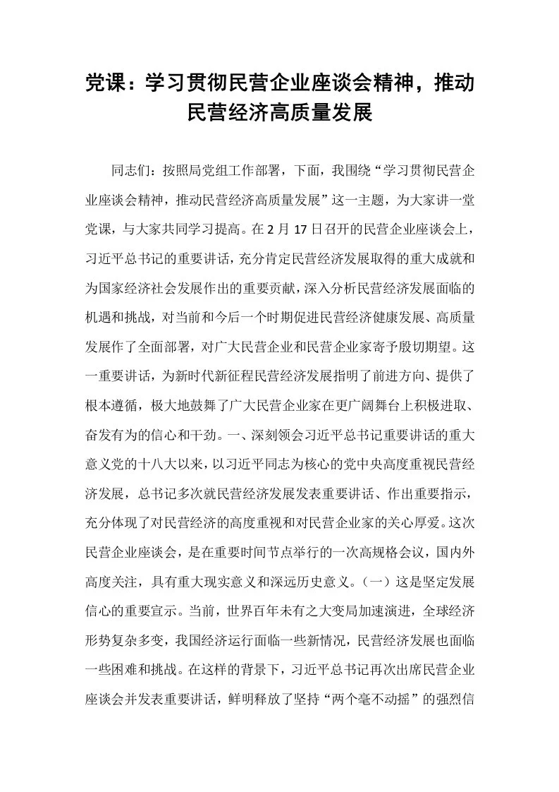 党课：学习贯彻民营企业座谈会精神，推动民营经济高质量发展_第1页