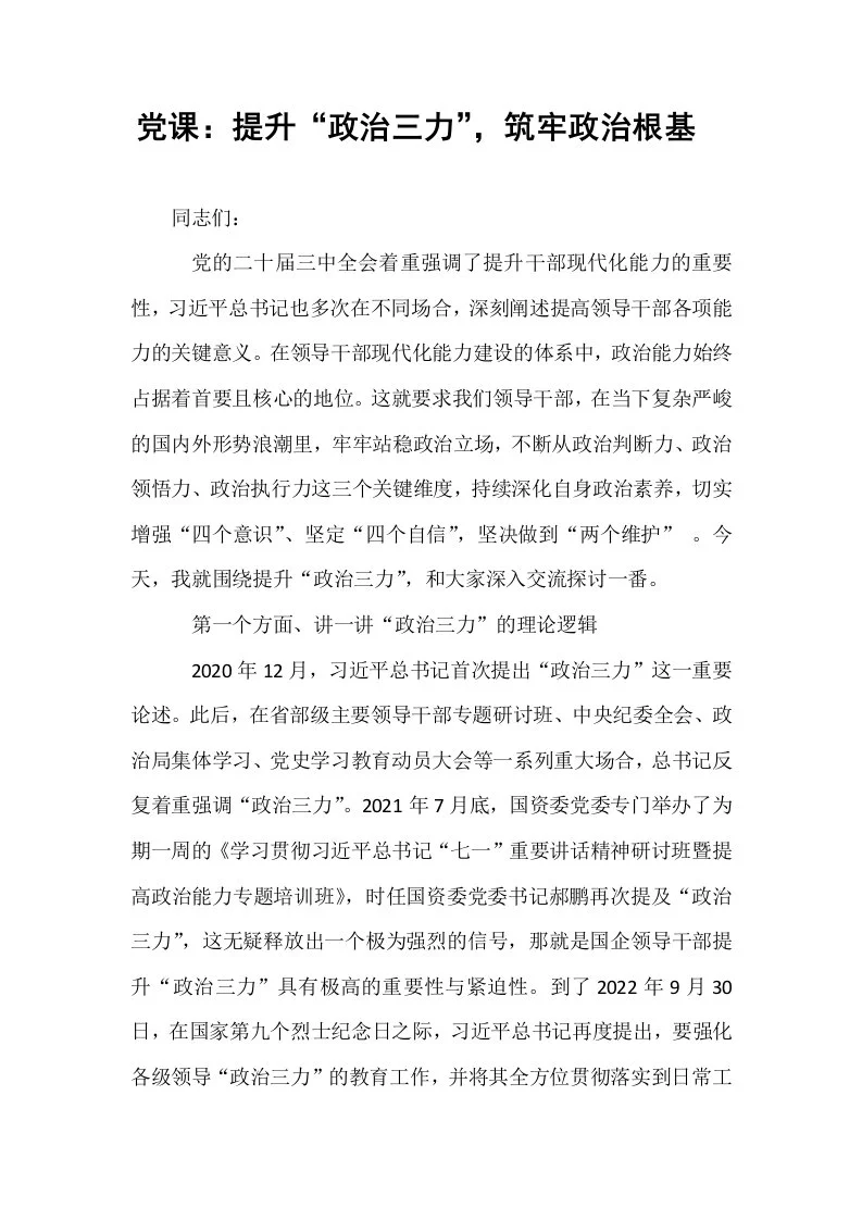 党课：提升“政治三力”，筑牢政治根基​_第1页