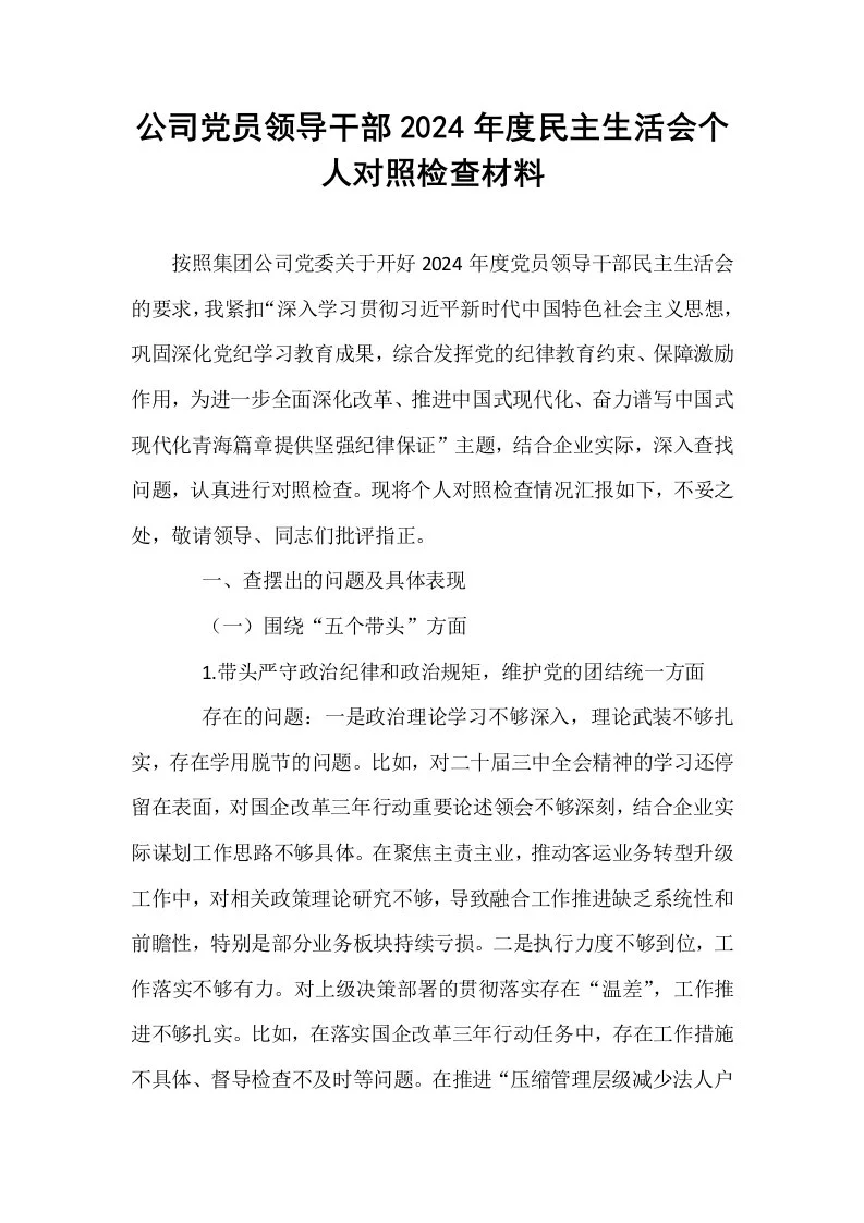 公司党员领导干部2024年度民主生活会个人对照检查材料 (1)_第1页