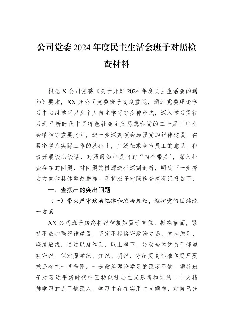 公司党委2024年度民主生活会班子对照检查材料（02-18）_第1页