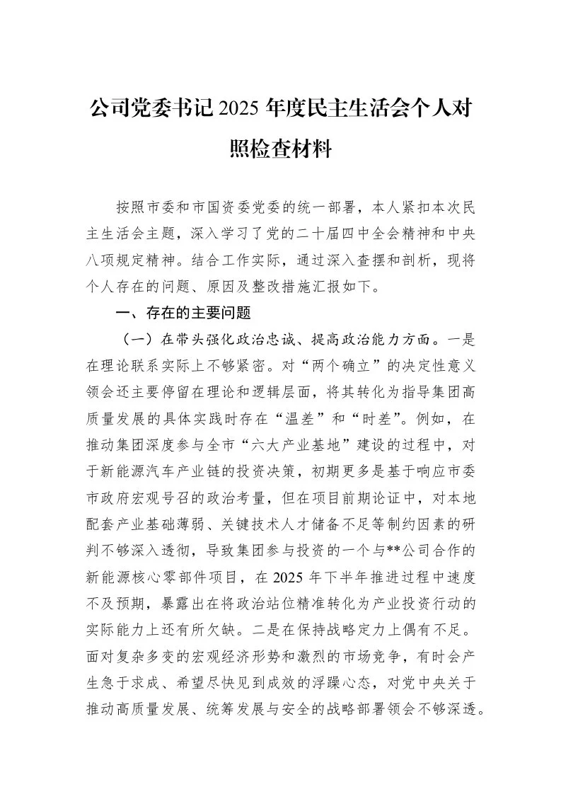 公司党委书记2025年度民主生活会个人对照检查材料_第1页